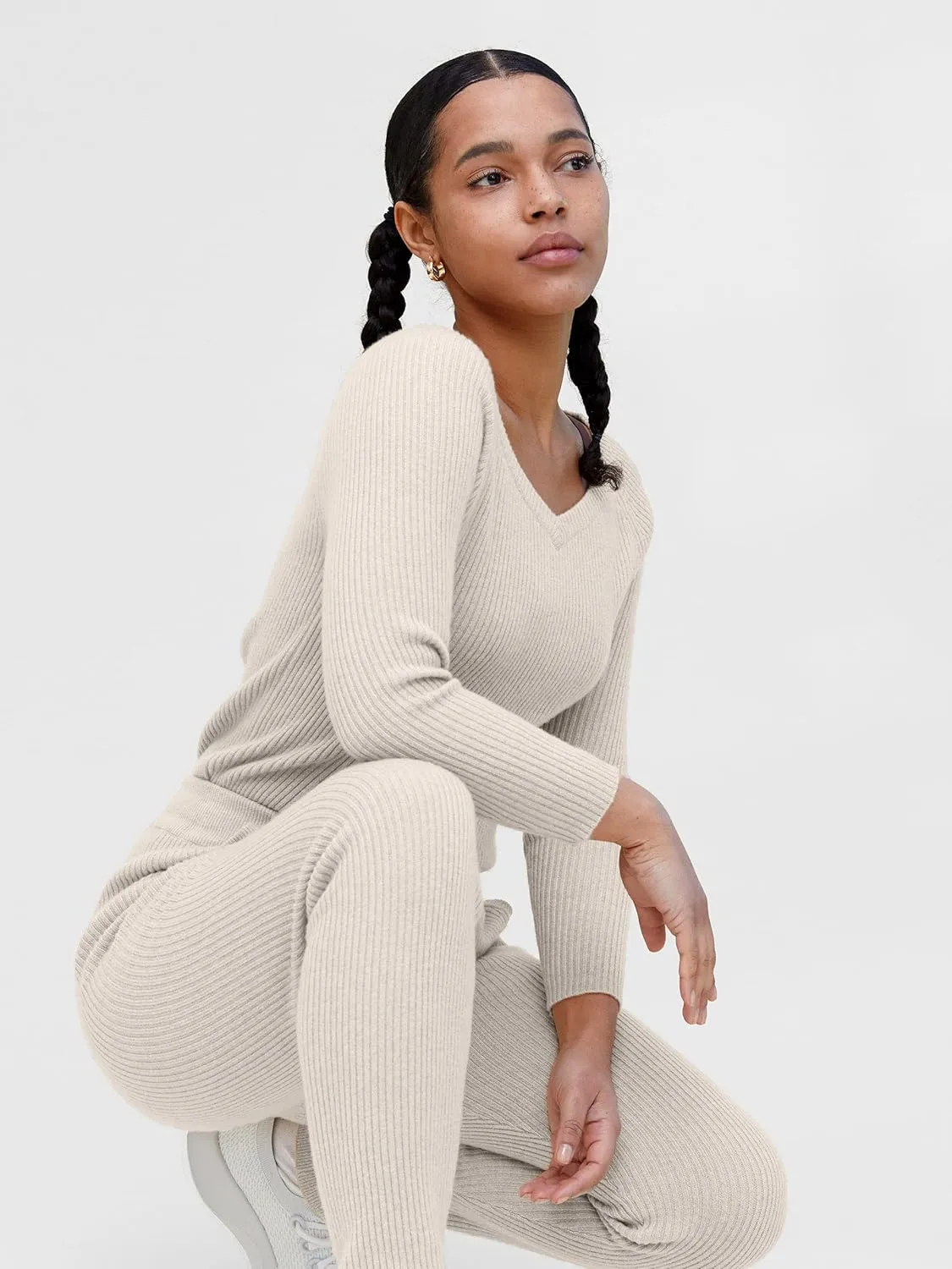 State Cashmere Womens Loungewear Set 100% Pure Cashmere Ribbed Sweater and Jogger Pants (Tops and Bottoms Sold Separately)
