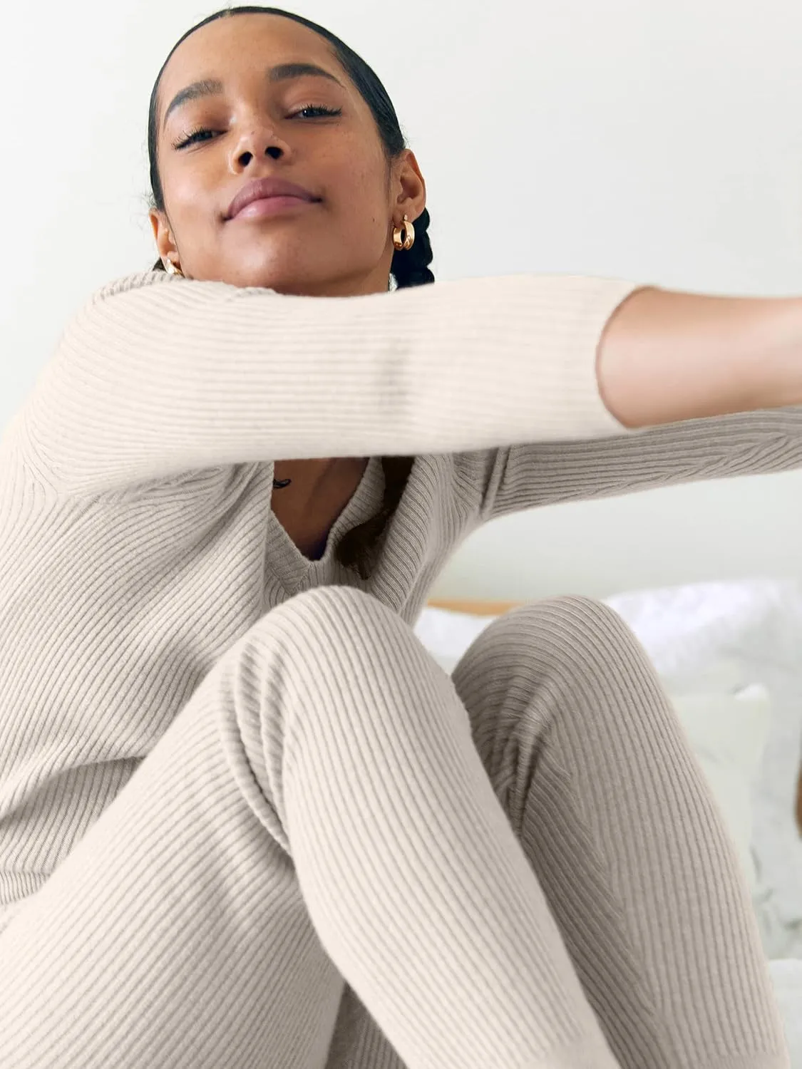 State Cashmere Womens Loungewear Set 100% Pure Cashmere Ribbed Sweater and Jogger Pants (Tops and Bottoms Sold Separately)