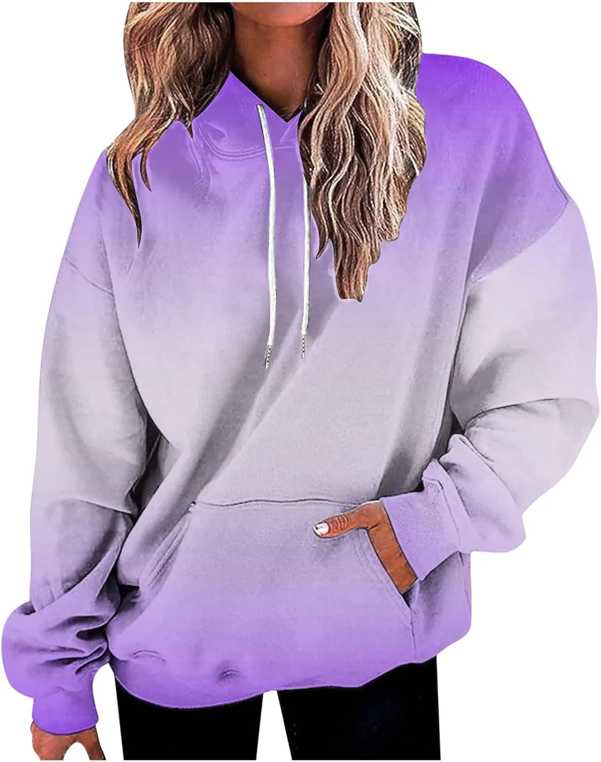 Stessotudo Womens Hoodies 2023 Casual Gradient Long Sleeve Oversized Sweatshirts Pocketed Aesthetic Fashion Pullover Tops