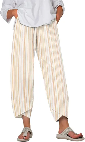 Striped Linen Pants for Women Summer Casual Wide Leg Capri Pants with Pockets Comfy Cropped Palazzo Pants