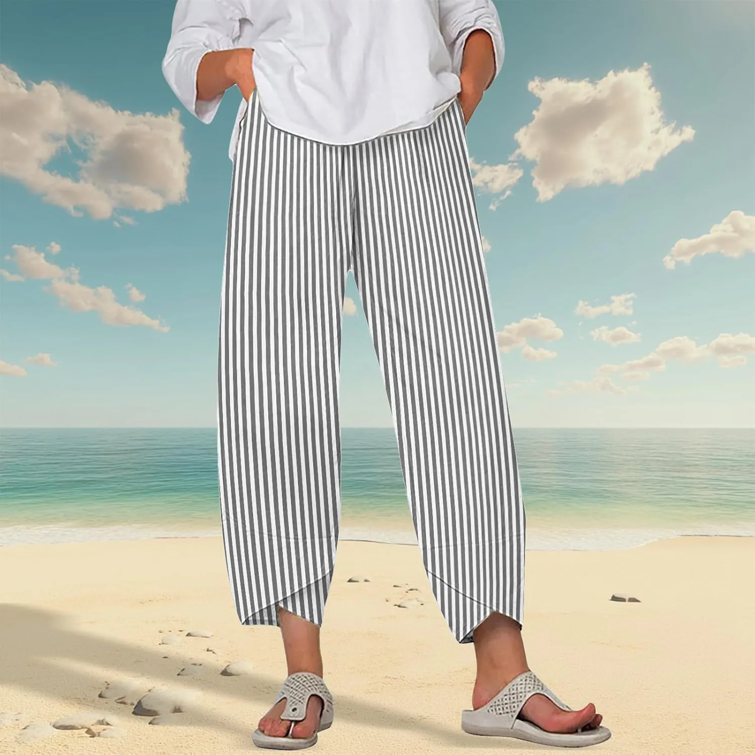Striped Linen Pants for Women Summer Casual Wide Leg Capri Pants with Pockets Comfy Cropped Palazzo Pants