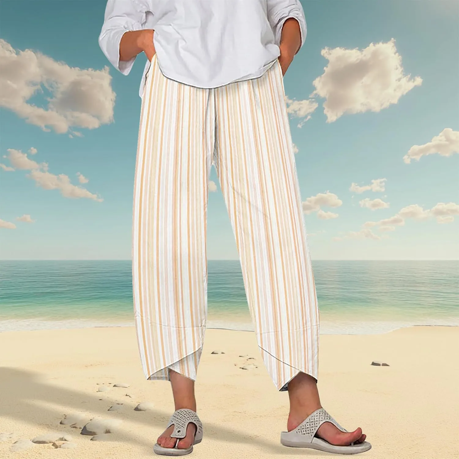 Striped Linen Pants for Women Summer Casual Wide Leg Capri Pants with Pockets Comfy Cropped Palazzo Pants