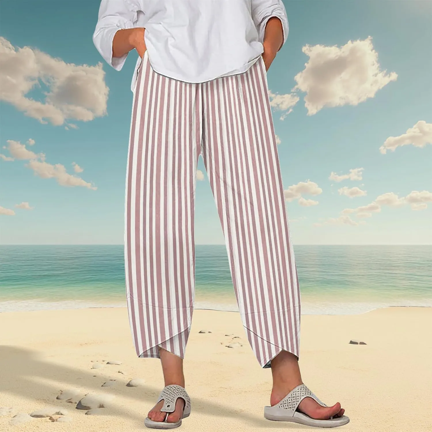 Striped Linen Pants for Women Summer Casual Wide Leg Capri Pants with Pockets Comfy Cropped Palazzo Pants