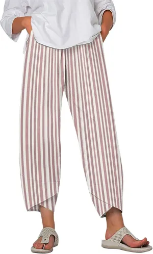 Striped Linen Pants for Women Summer Casual Wide Leg Capri Pants with Pockets Comfy Cropped Palazzo Pants