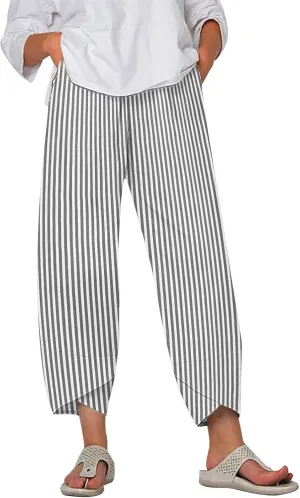 Striped Linen Pants for Women Summer Casual Wide Leg Capri Pants with Pockets Comfy Cropped Palazzo Pants