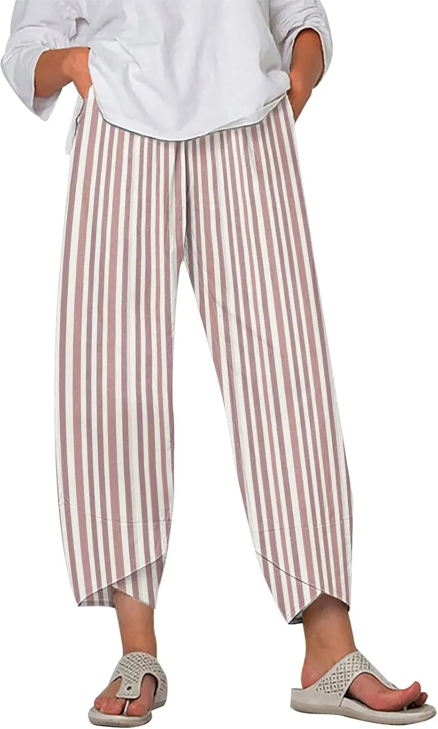 Striped Linen Pants for Women Summer Casual Wide Leg Capri Pants with Pockets Comfy Cropped Palazzo Pants