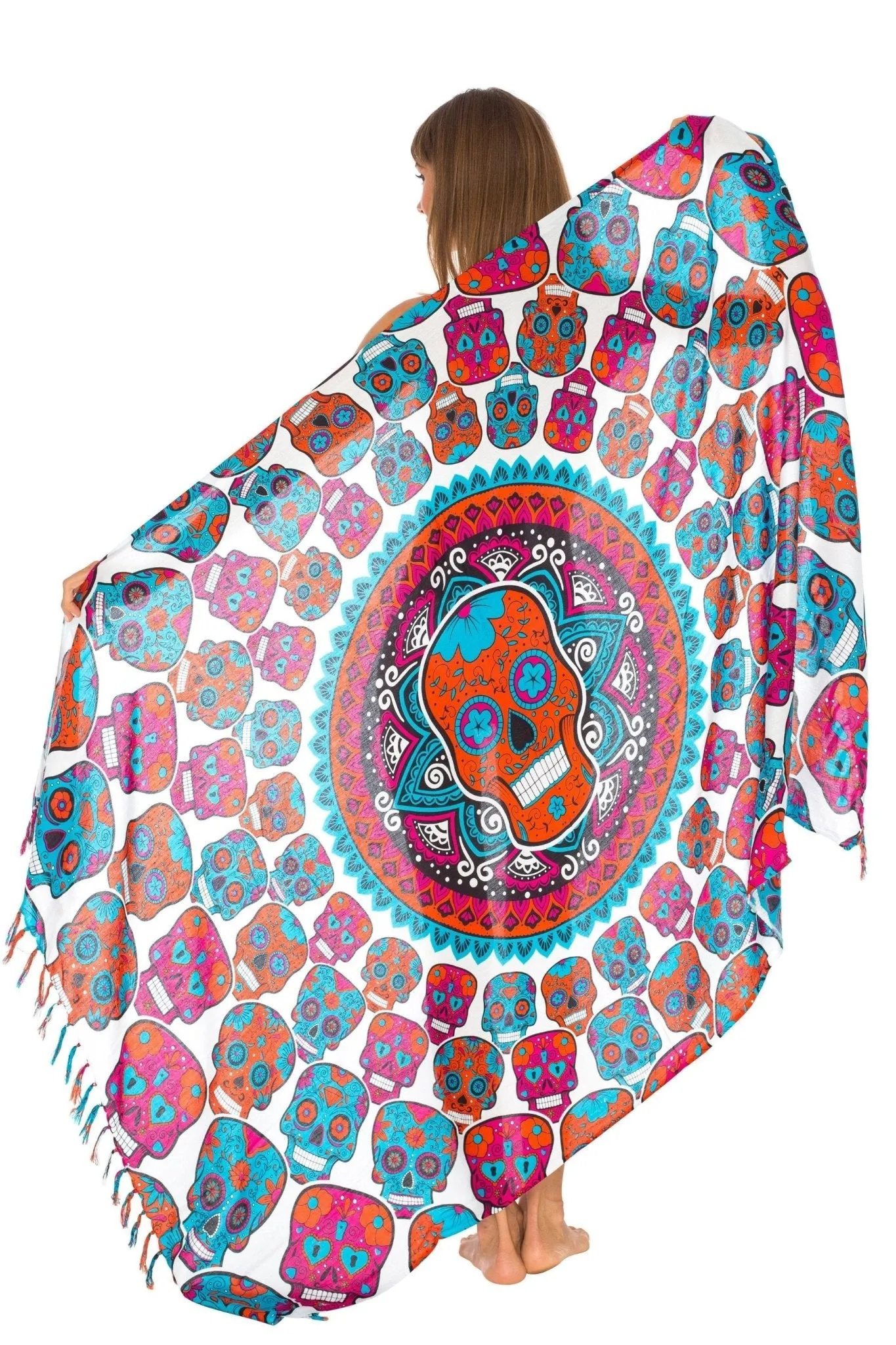 Sugar Skull Sarong with Fringe - Long Wrap by SHU-SHI