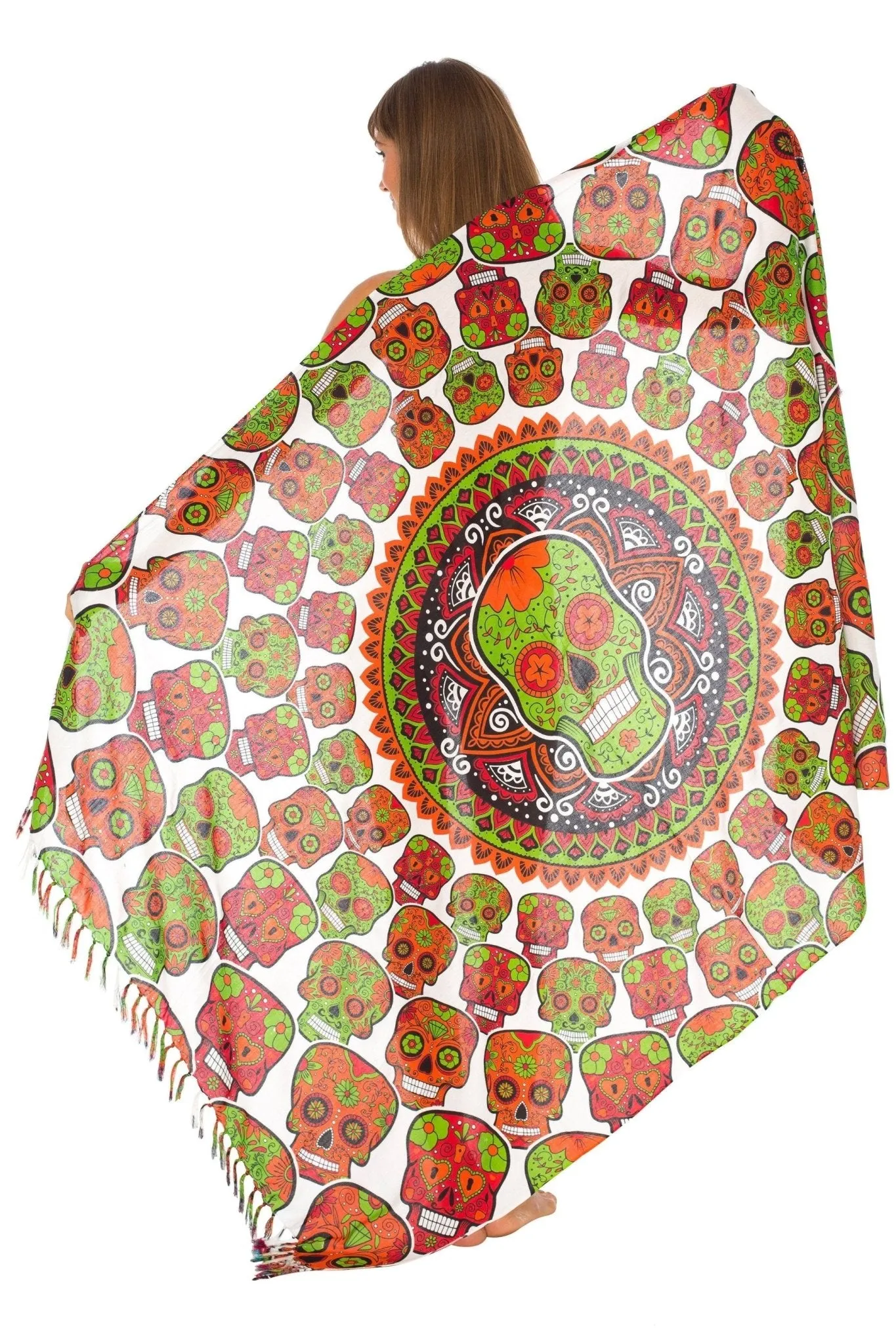 Sugar Skull Sarong with Fringe - Long Wrap by SHU-SHI