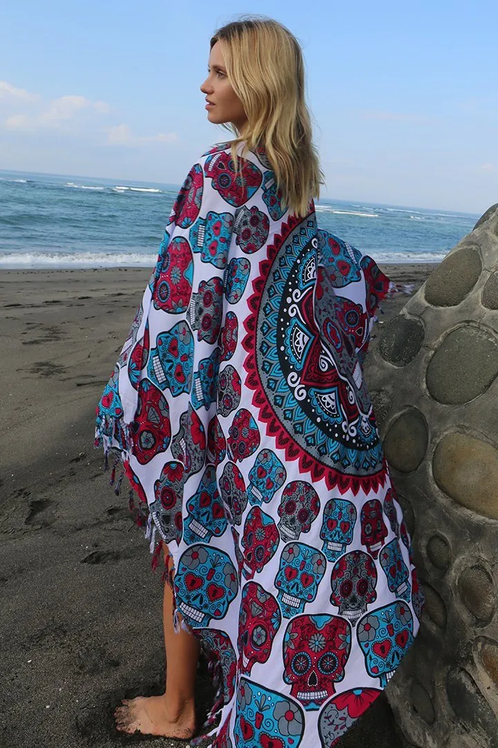 Sugar Skull Sarong with Fringe - Long Wrap by SHU-SHI