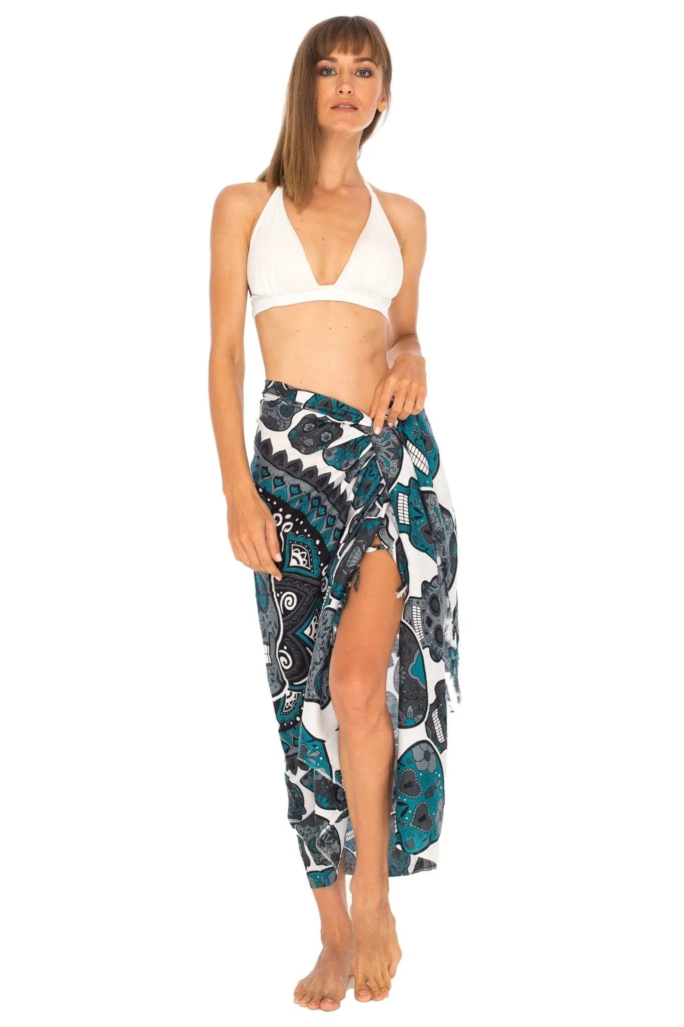 Sugar Skull Sarong with Fringe - Long Wrap by SHU-SHI