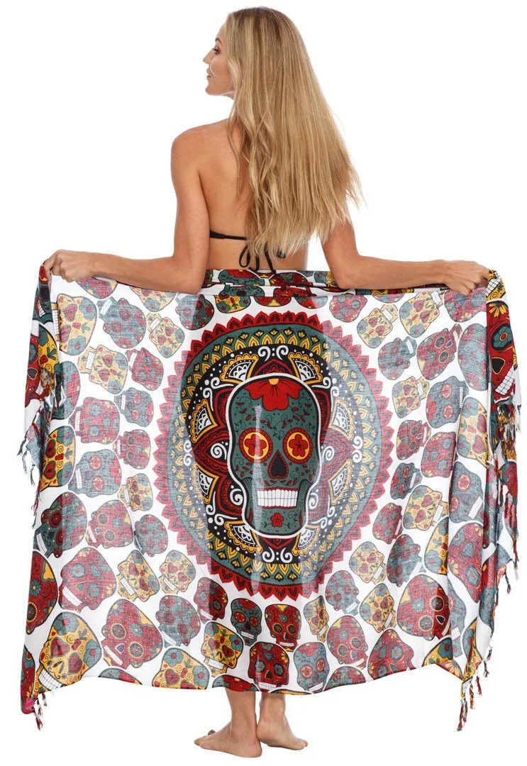Sugar Skull Sarong with Fringe - Long Wrap by SHU-SHI