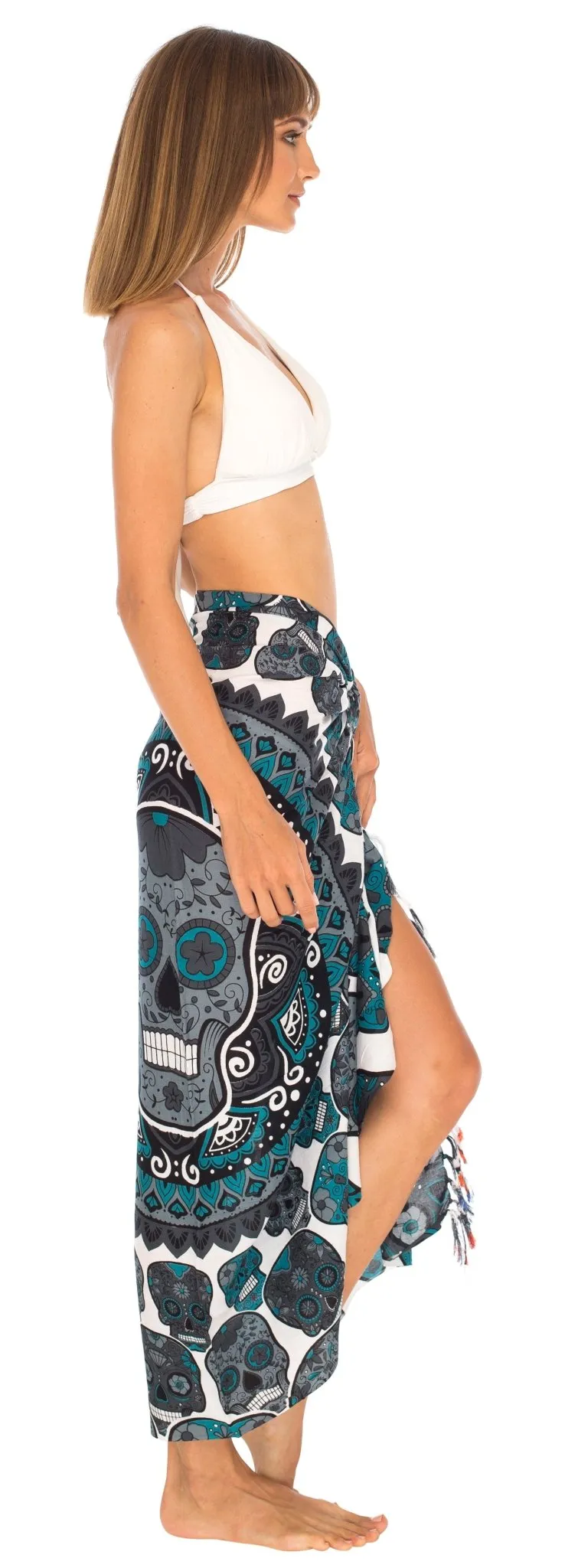 Sugar Skull Sarong with Fringe - Long Wrap by SHU-SHI