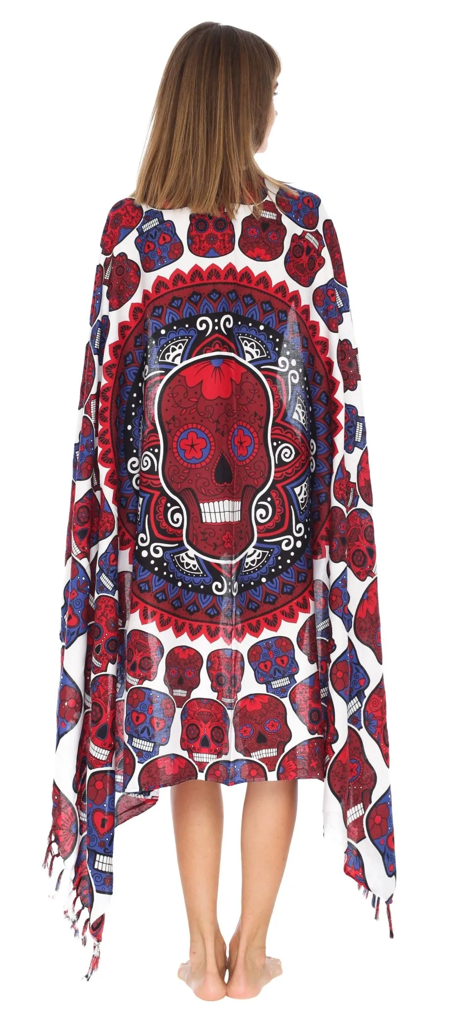 Sugar Skull Sarong with Fringe - Long Wrap by SHU-SHI