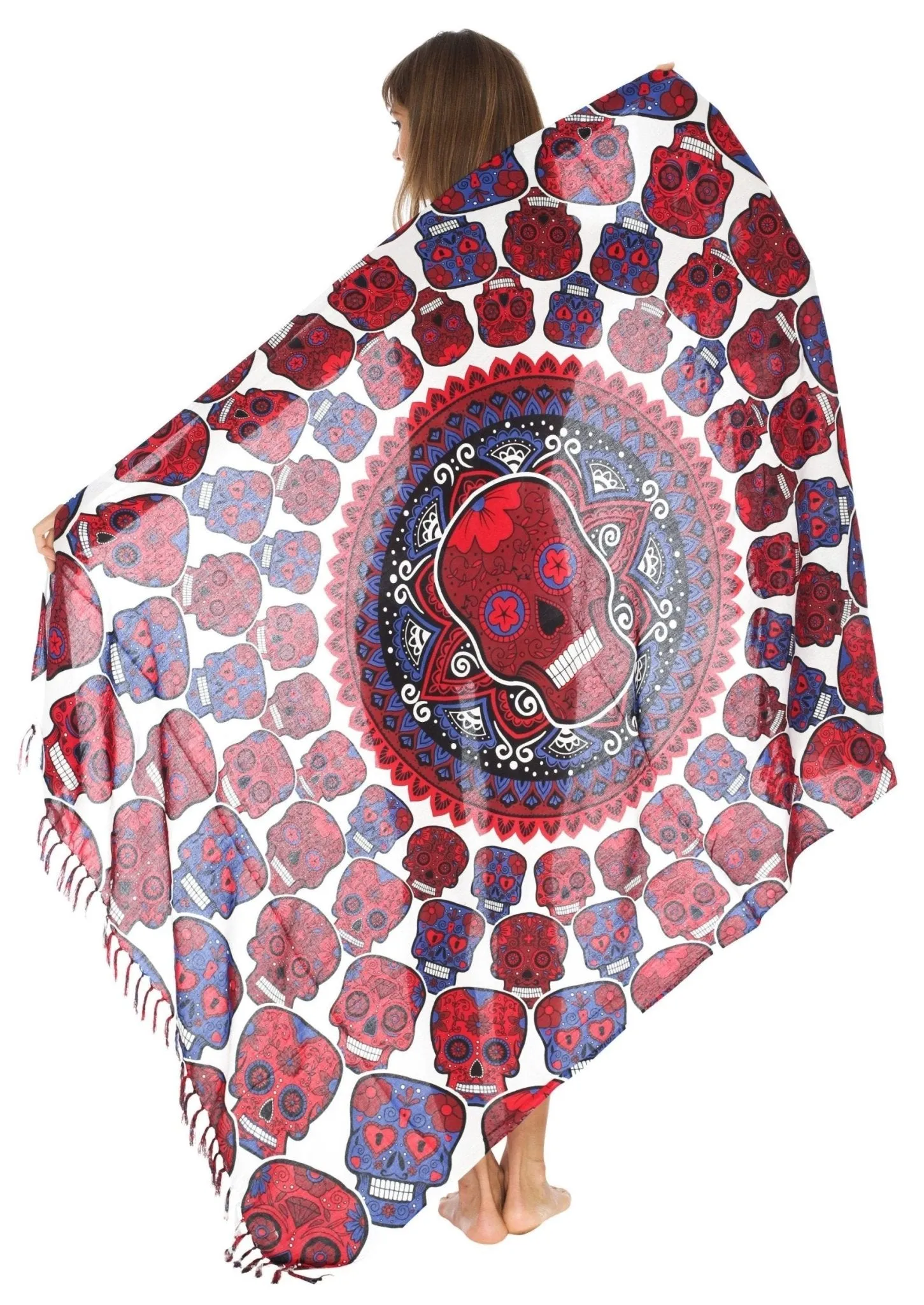 Sugar Skull Sarong with Fringe - Long Wrap by SHU-SHI