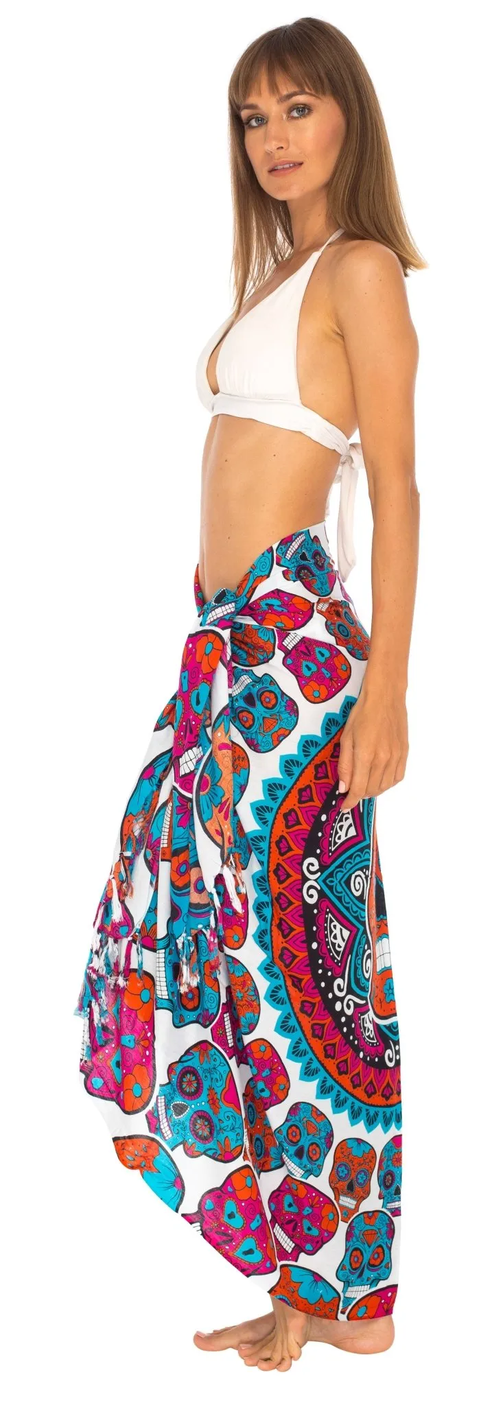 Sugar Skull Sarong with Fringe - Long Wrap by SHU-SHI