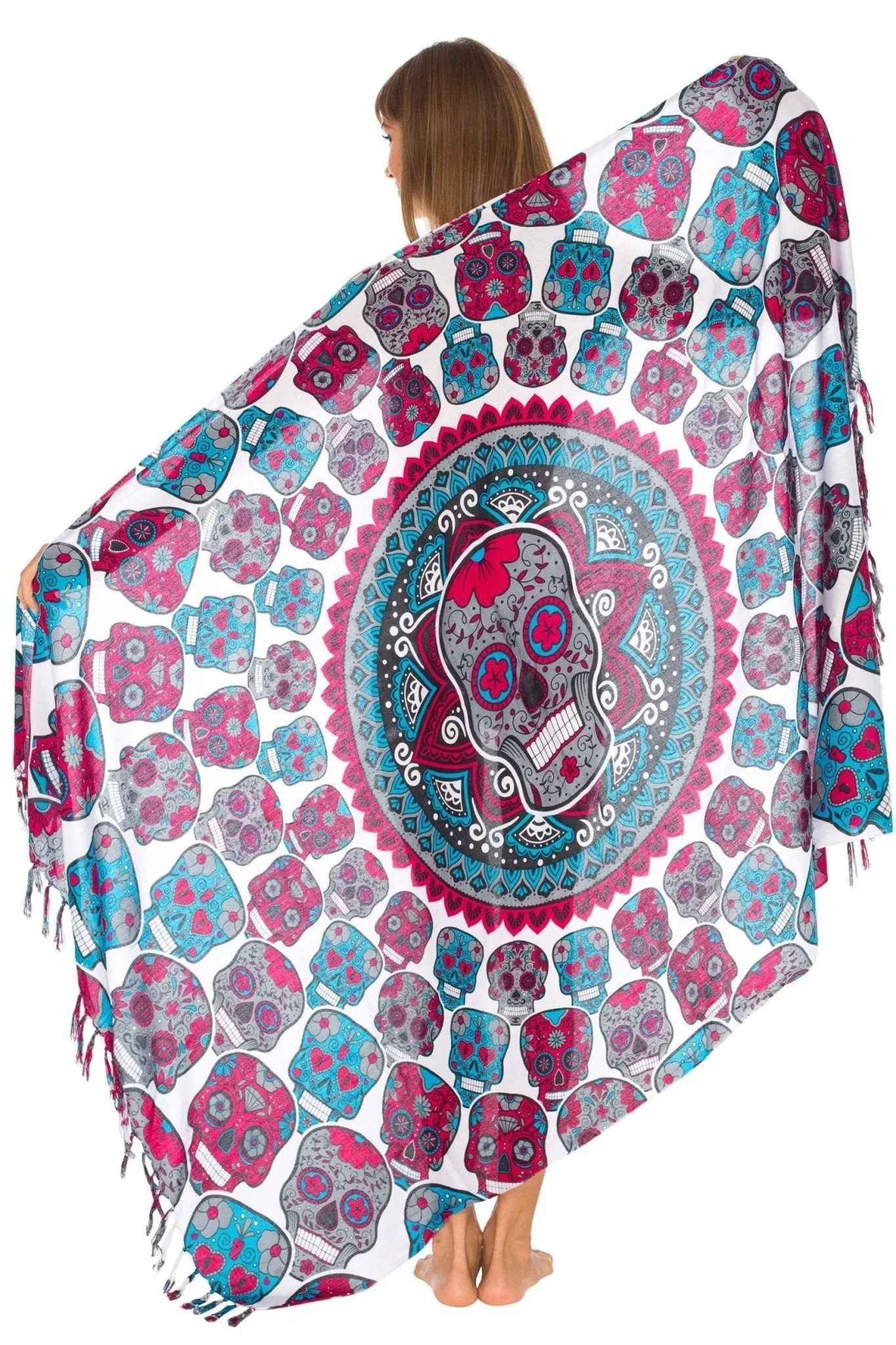 Sugar Skull Sarong with Fringe - Long Wrap by SHU-SHI