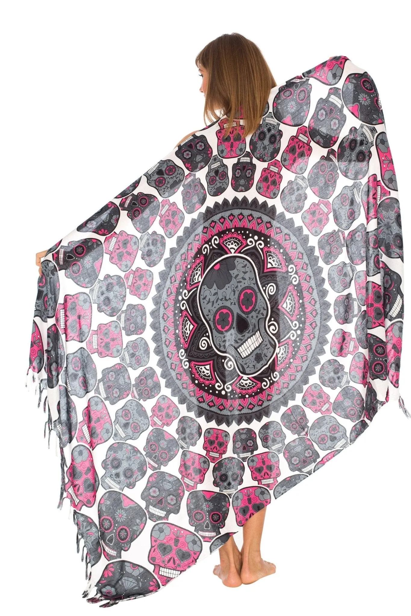 Sugar Skull Sarong with Fringe - Long Wrap by SHU-SHI