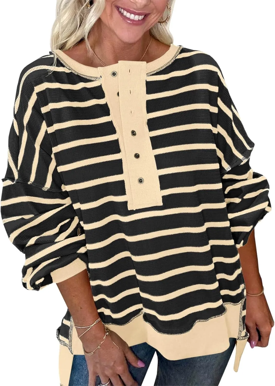 Tankaneo Womens Oversized Striped Sweatshirts Henley Shirts Color Block Casual Pullover Waffle Knit Tops