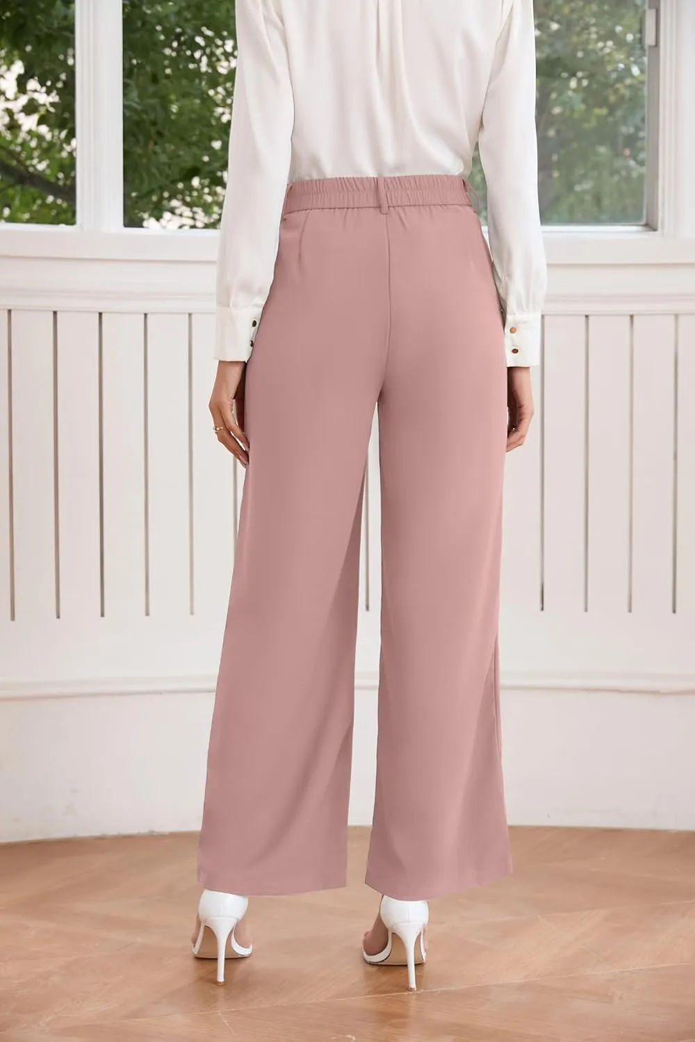 TASAMO Women High Waist Wide Leg Pants Elastic Waisted in The Back Office Business Casual Work Trousers Straight Suit Pants