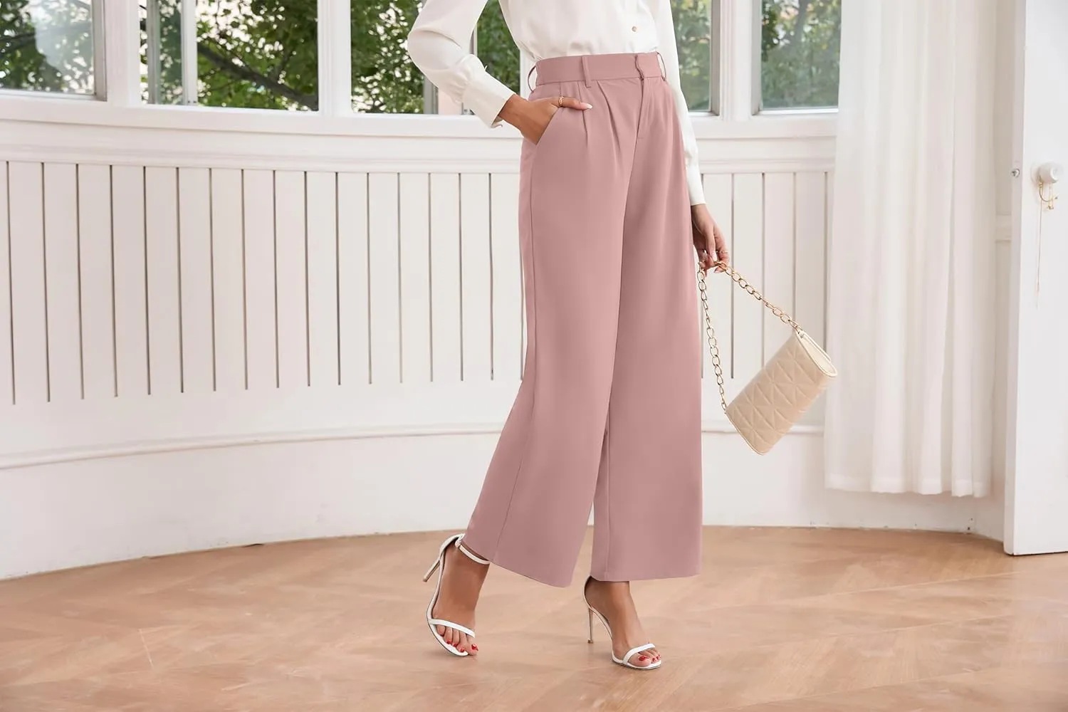 TASAMO Women High Waist Wide Leg Pants Elastic Waisted in The Back Office Business Casual Work Trousers Straight Suit Pants