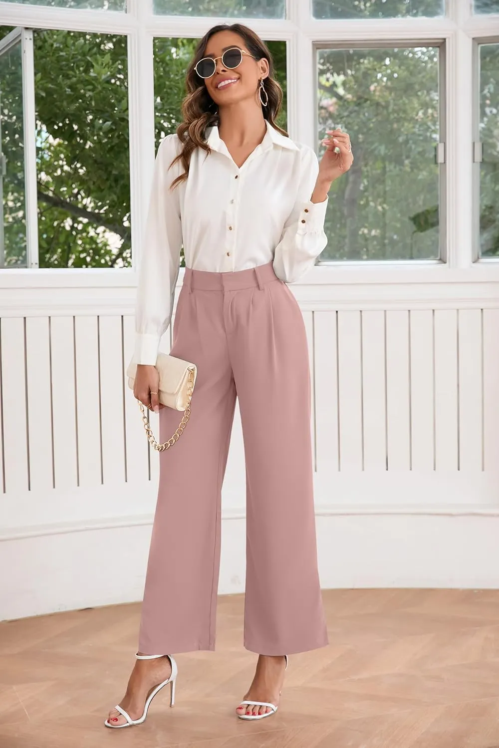 TASAMO Women High Waist Wide Leg Pants Elastic Waisted in The Back Office Business Casual Work Trousers Straight Suit Pants