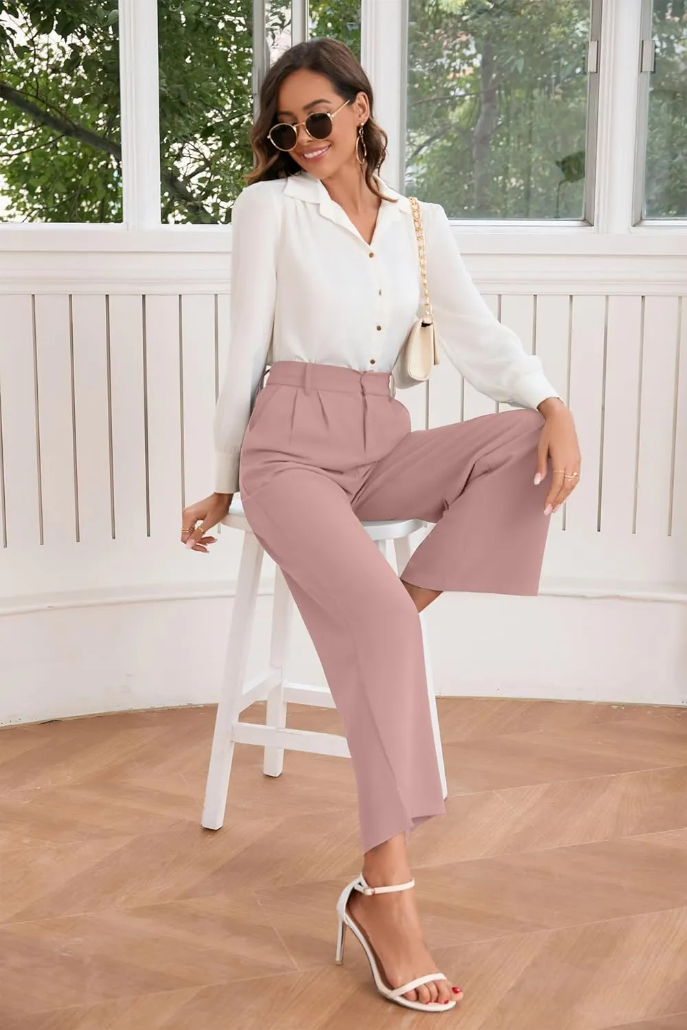 TASAMO Women High Waist Wide Leg Pants Elastic Waisted in The Back Office Business Casual Work Trousers Straight Suit Pants