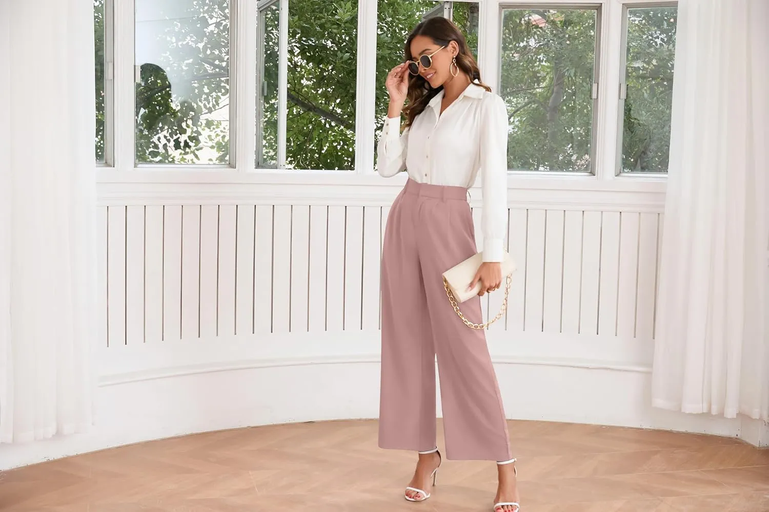 TASAMO Women High Waist Wide Leg Pants Elastic Waisted in The Back Office Business Casual Work Trousers Straight Suit Pants