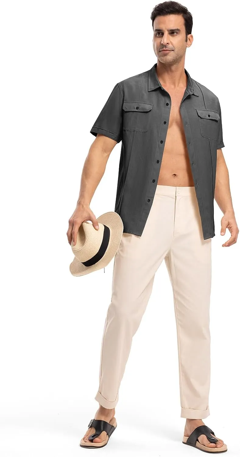 TBMPOY Mens Linen Button Down Shirts Short Sleeve Summer Beach Shirt Casual Hawaiian Dress Shirts for Men with Two Pockets