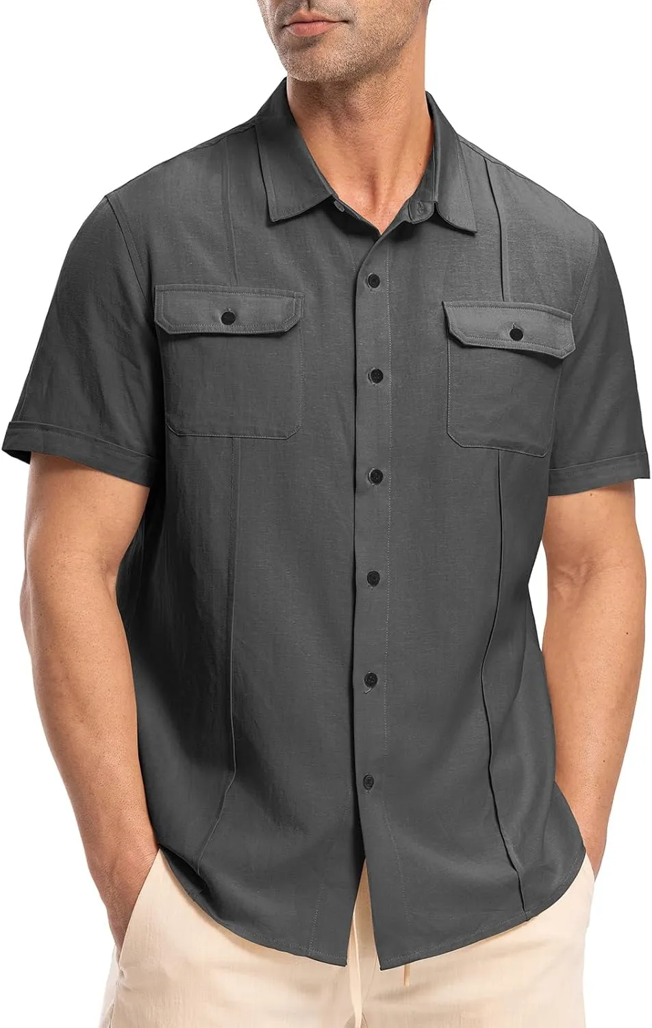 TBMPOY Mens Linen Button Down Shirts Short Sleeve Summer Beach Shirt Casual Hawaiian Dress Shirts for Men with Two Pockets