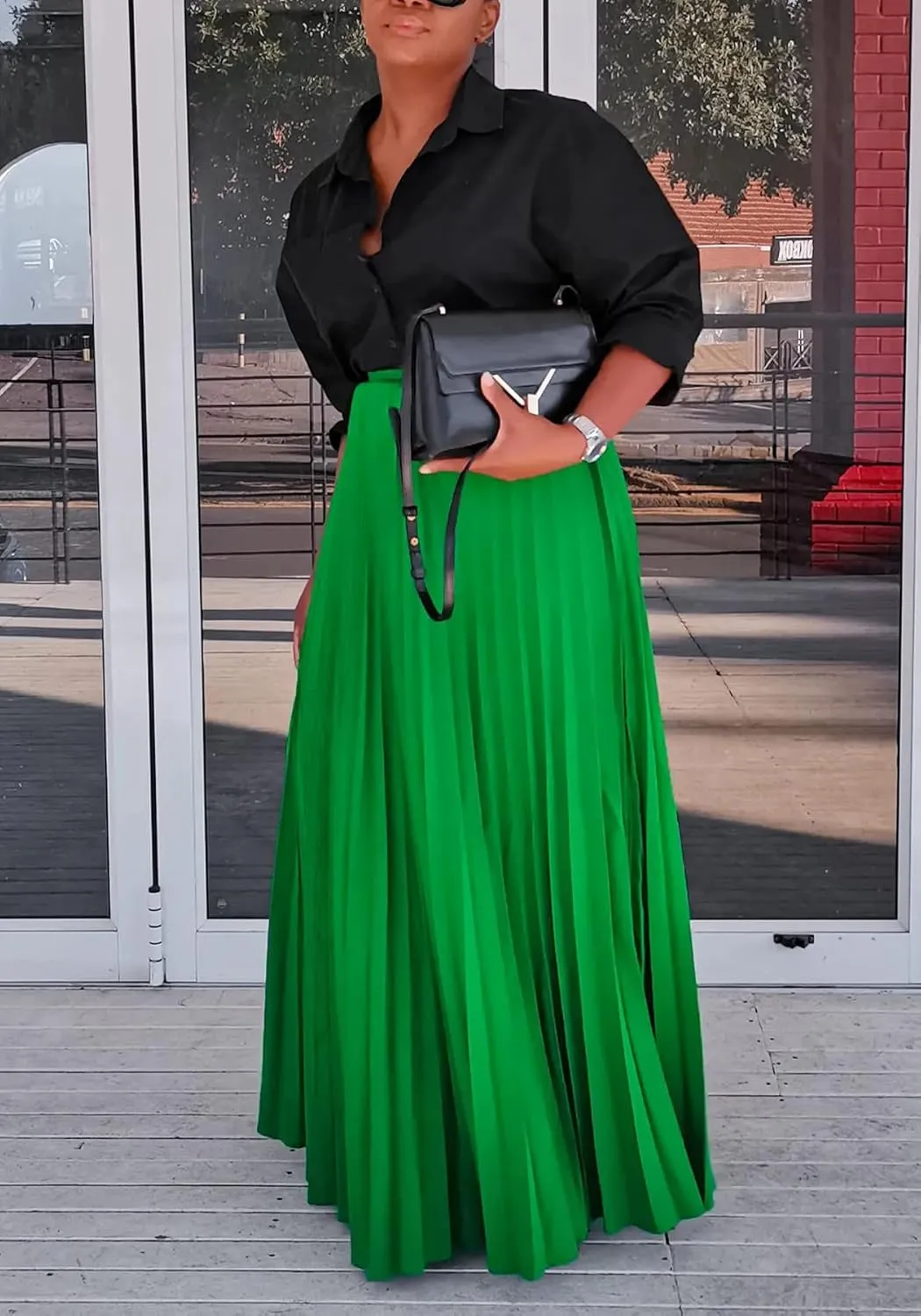 Tcremisa Women's Pleated Skirt High Waist Swing Skirts A Line Maxi Skirt Elastic Flare Skirts