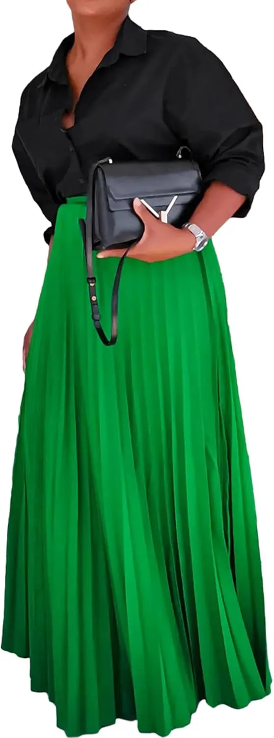 Tcremisa Women's Pleated Skirt High Waist Swing Skirts A Line Maxi Skirt Elastic Flare Skirts