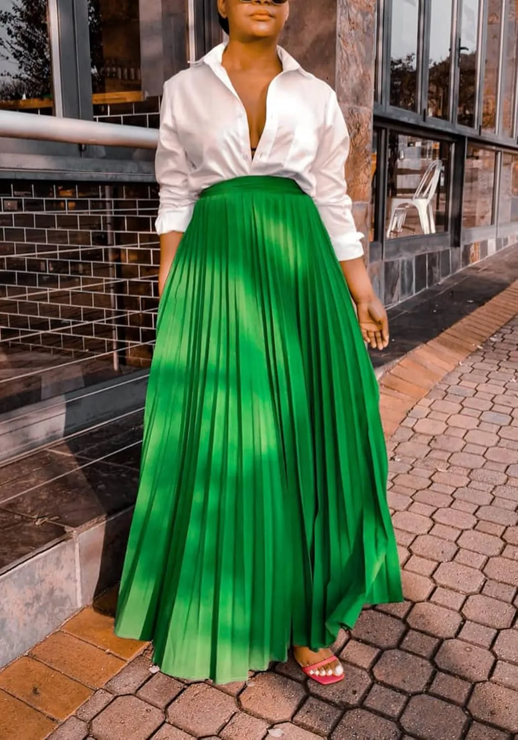 Tcremisa Women's Pleated Skirt High Waist Swing Skirts A Line Maxi Skirt Elastic Flare Skirts