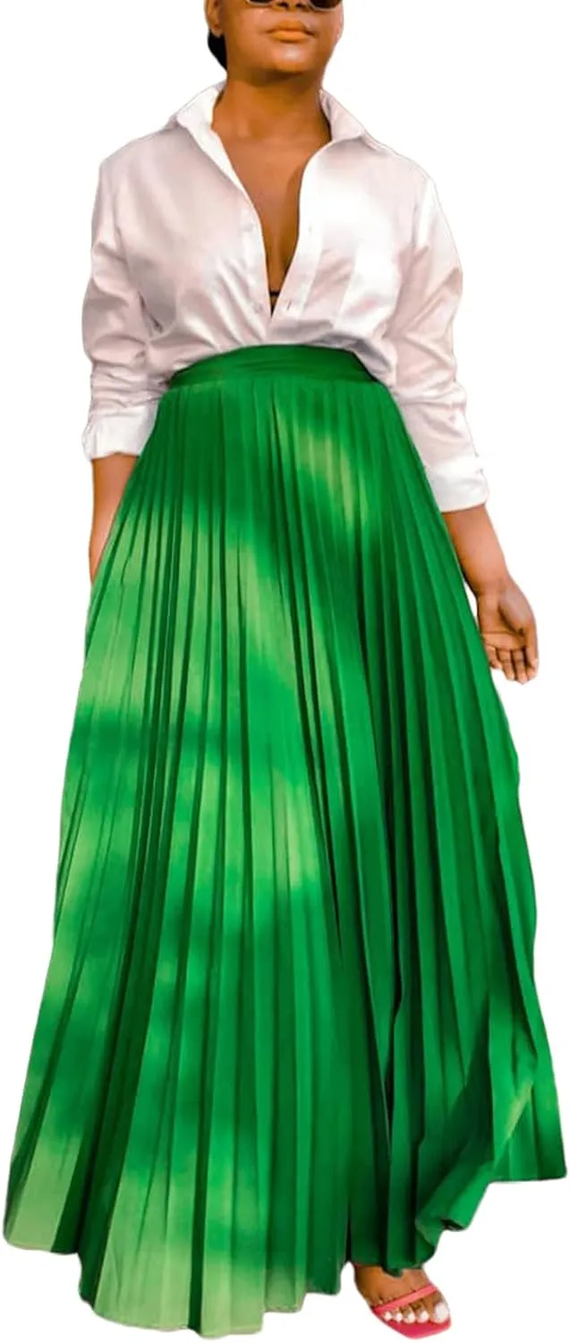 Tcremisa Women's Pleated Skirt High Waist Swing Skirts A Line Maxi Skirt Elastic Flare Skirts