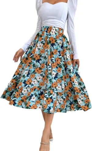 THLAI Women Floral Midi Skirt Sexy Aline Skirt Pleated Fall Skirt High Waisted Long Skirt Leopard Skirt