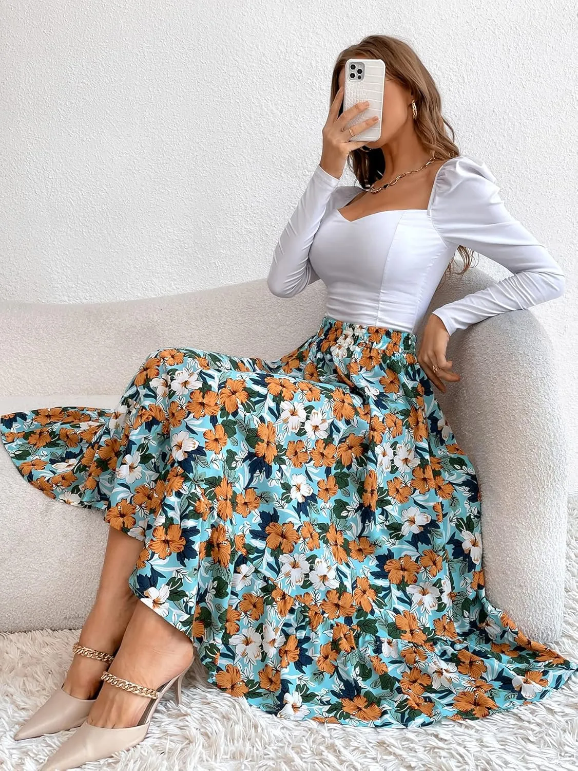 THLAI Women Floral Midi Skirt Sexy Aline Skirt Pleated Fall Skirt High Waisted Long Skirt Leopard Skirt