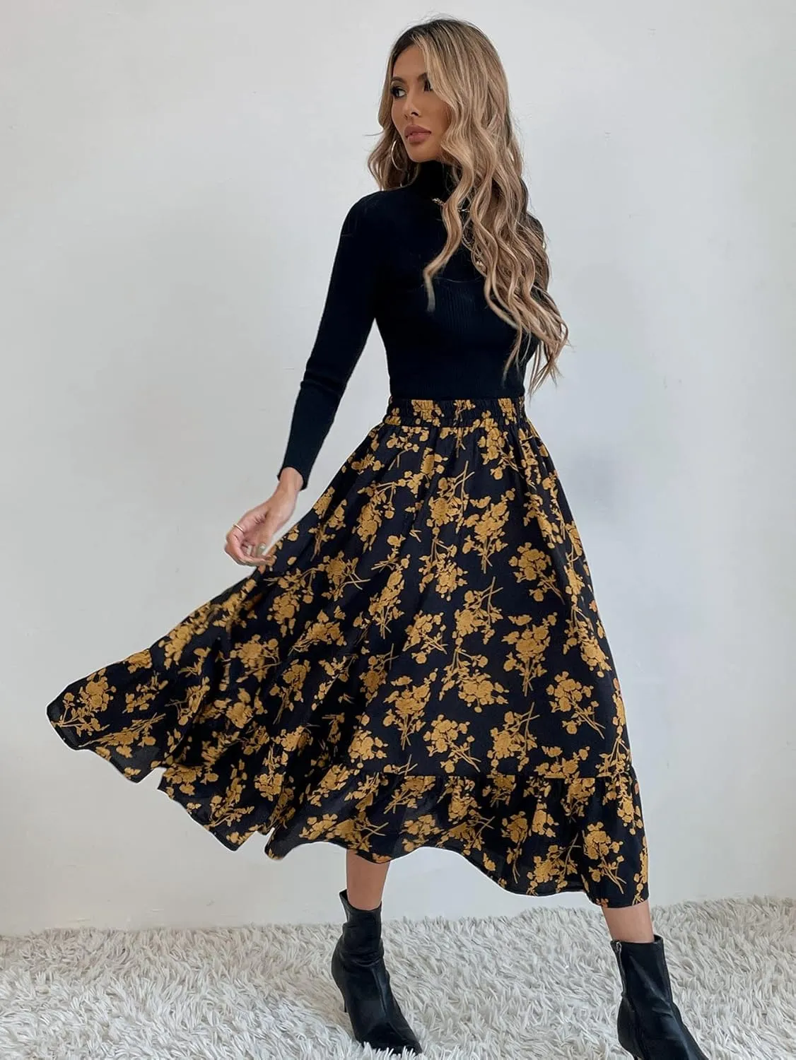 THLAI Women Floral Midi Skirt Sexy Aline Skirt Pleated Fall Skirt High Waisted Long Skirt Leopard Skirt