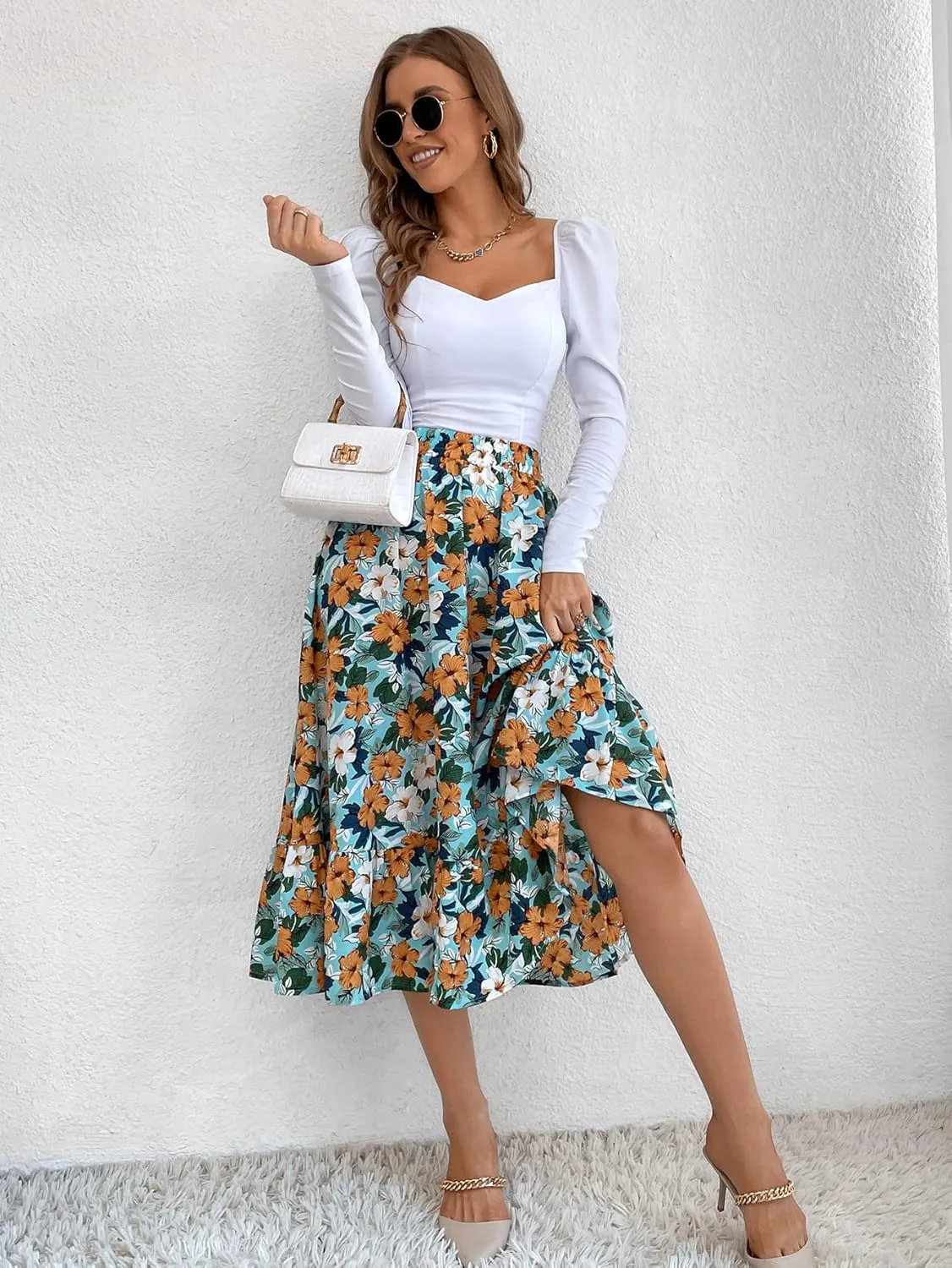 THLAI Women Floral Midi Skirt Sexy Aline Skirt Pleated Fall Skirt High Waisted Long Skirt Leopard Skirt
