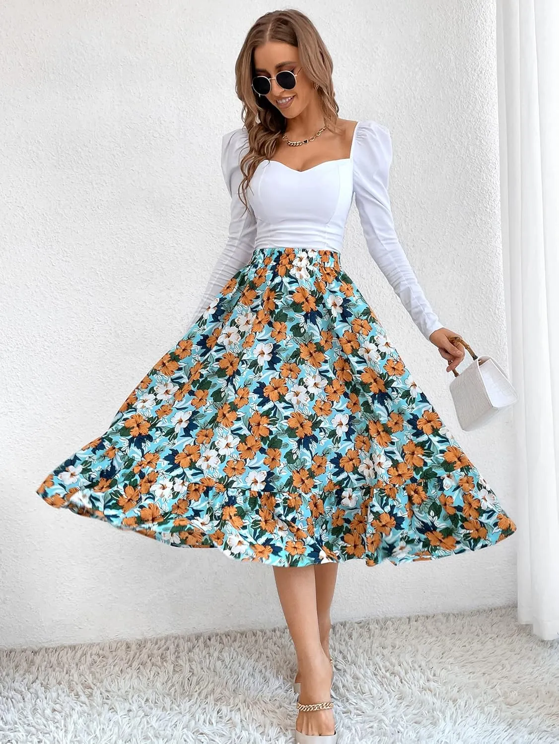 THLAI Women Floral Midi Skirt Sexy Aline Skirt Pleated Fall Skirt High Waisted Long Skirt Leopard Skirt