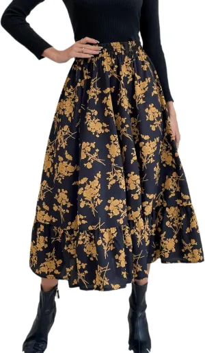 THLAI Women Floral Midi Skirt Sexy Aline Skirt Pleated Fall Skirt High Waisted Long Skirt Leopard Skirt