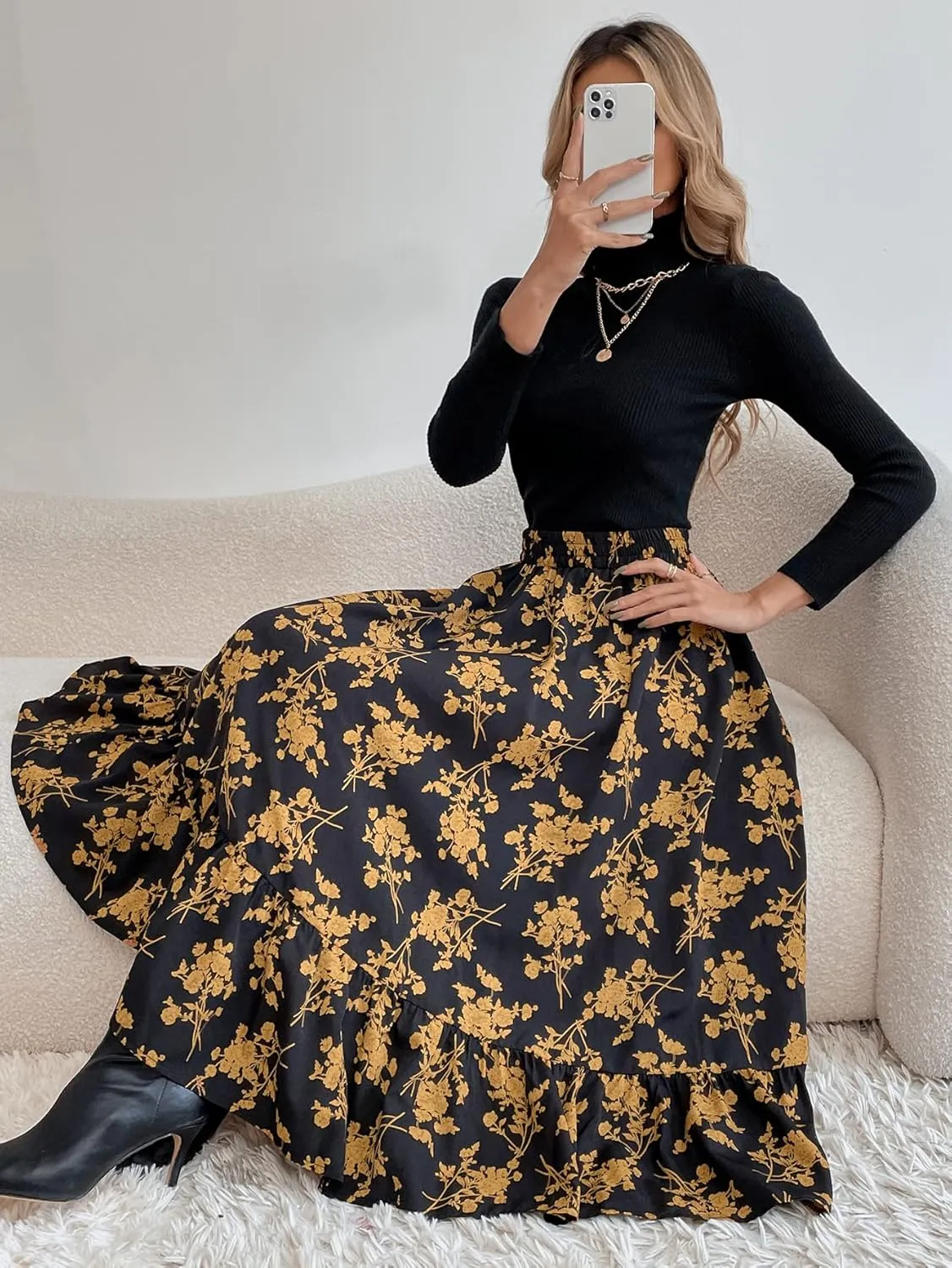 THLAI Women Floral Midi Skirt Sexy Aline Skirt Pleated Fall Skirt High Waisted Long Skirt Leopard Skirt