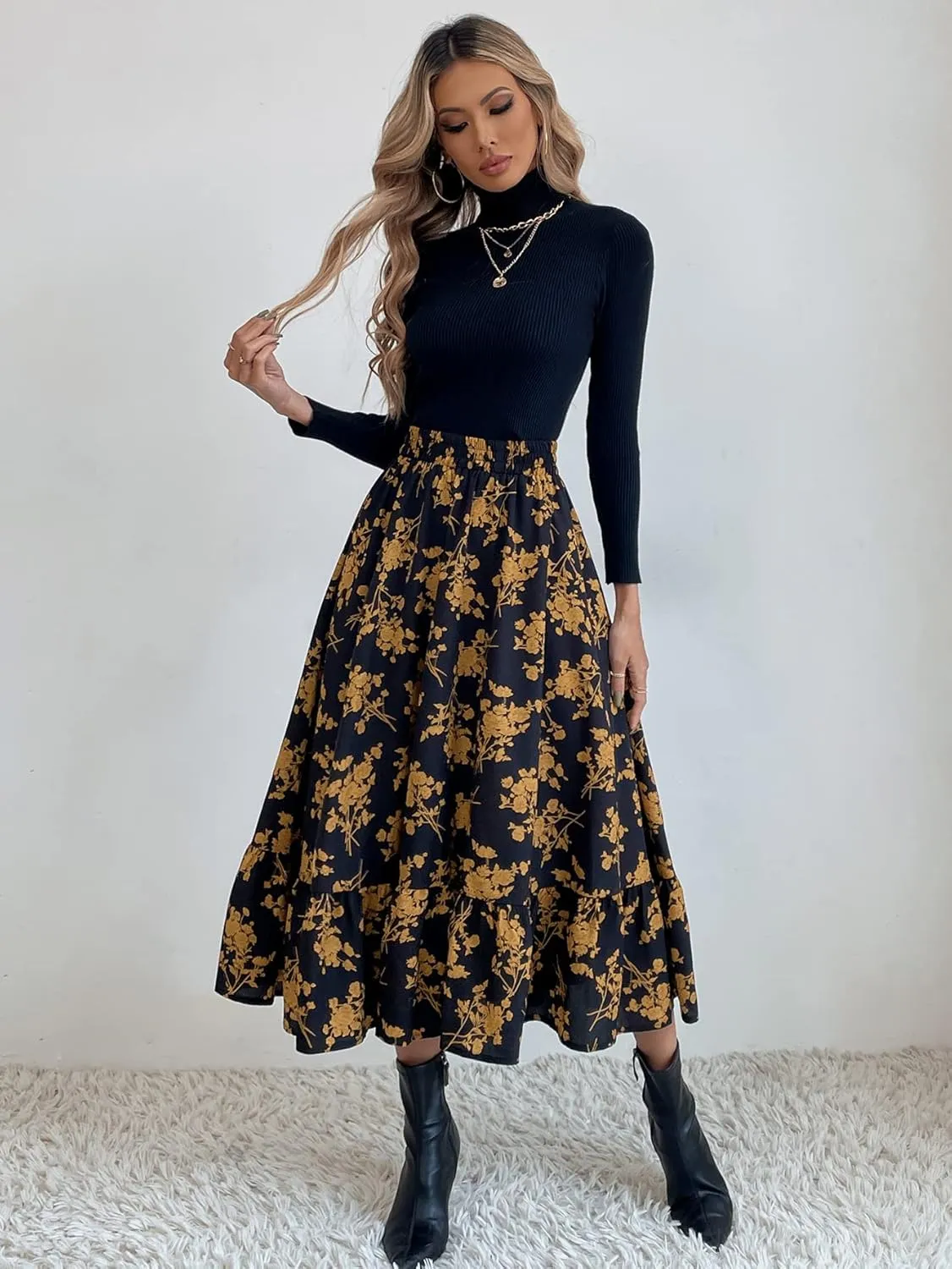 THLAI Women Floral Midi Skirt Sexy Aline Skirt Pleated Fall Skirt High Waisted Long Skirt Leopard Skirt