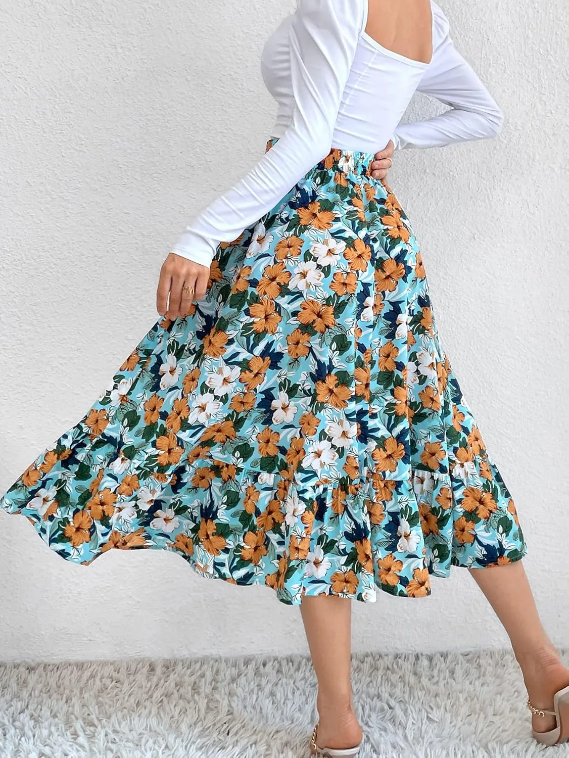 THLAI Women Floral Midi Skirt Sexy Aline Skirt Pleated Fall Skirt High Waisted Long Skirt Leopard Skirt