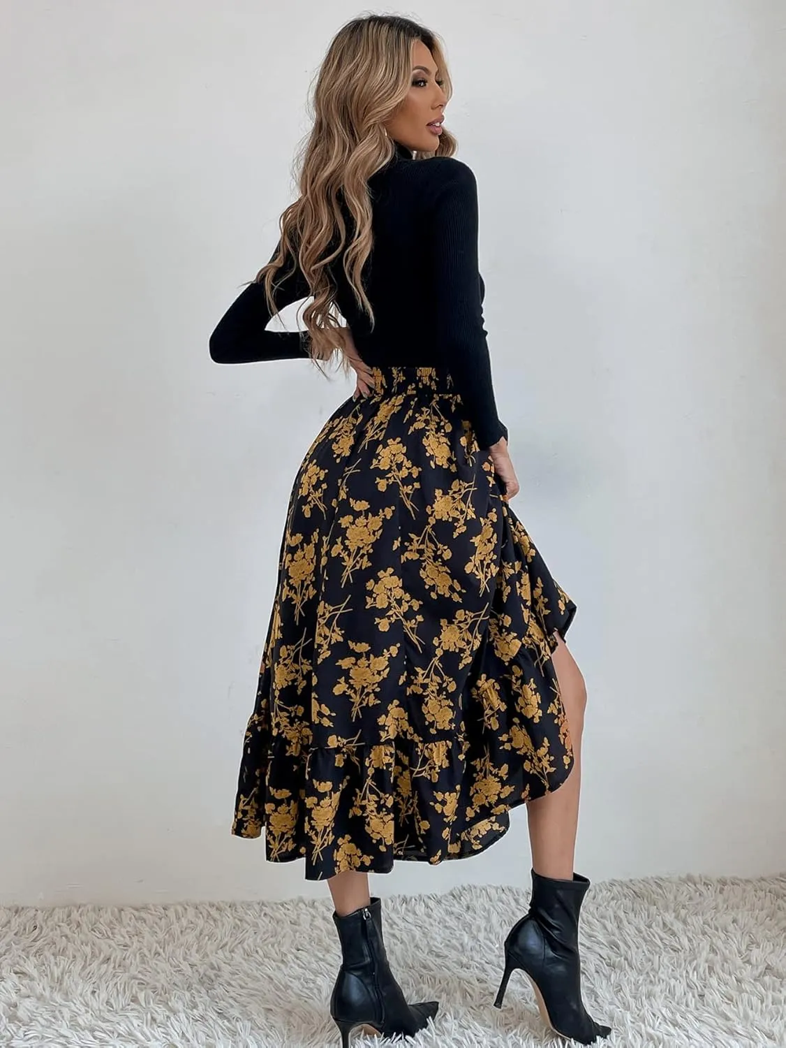 THLAI Women Floral Midi Skirt Sexy Aline Skirt Pleated Fall Skirt High Waisted Long Skirt Leopard Skirt