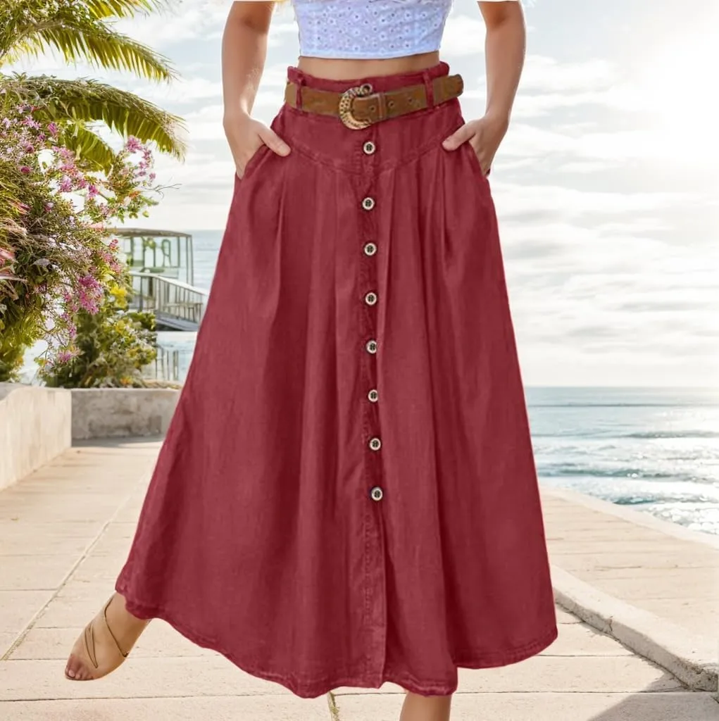 TIAFORD Womens High Waist A Line Long Skirt with Pockets Casual Loose Slit Button Down Lightweight Beach Maxi Skirt