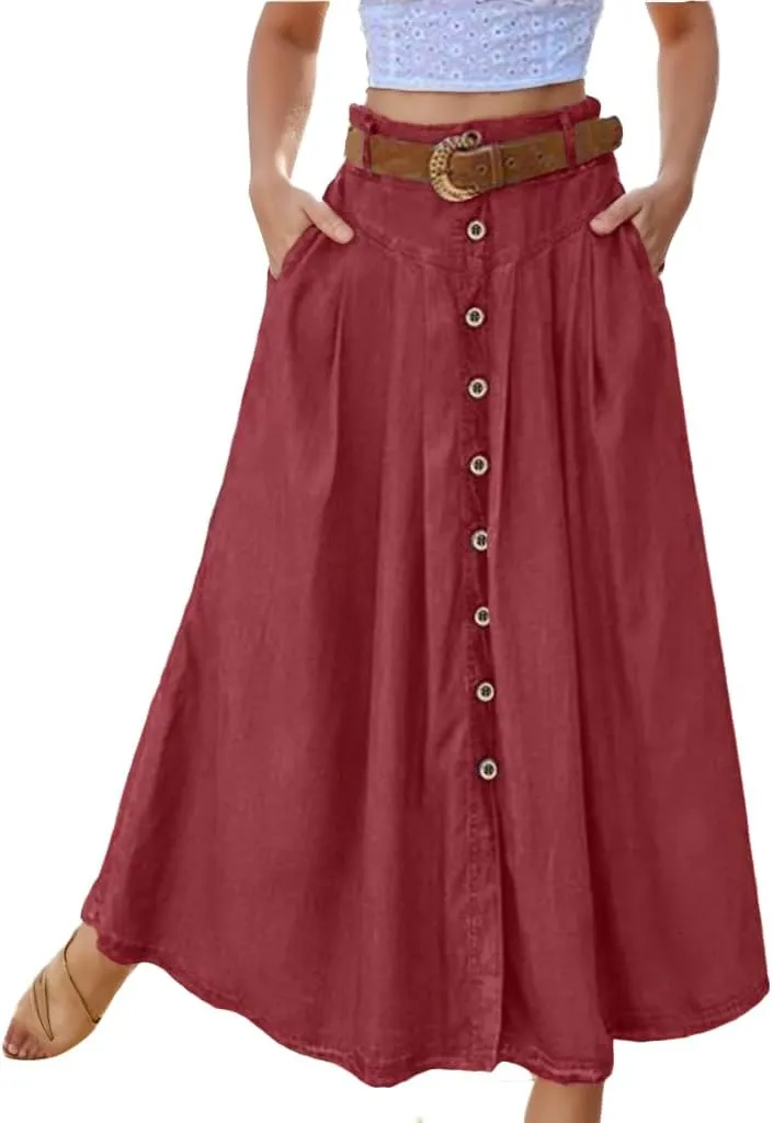 TIAFORD Womens High Waist A Line Long Skirt with Pockets Casual Loose Slit Button Down Lightweight Beach Maxi Skirt