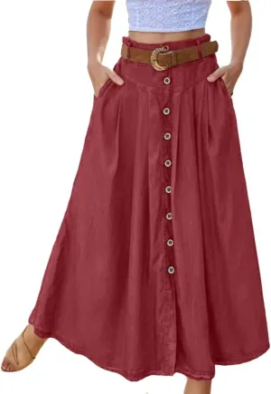 TIAFORD Womens High Waist A Line Long Skirt with Pockets Casual Loose Slit Button Down Lightweight Beach Maxi Skirt