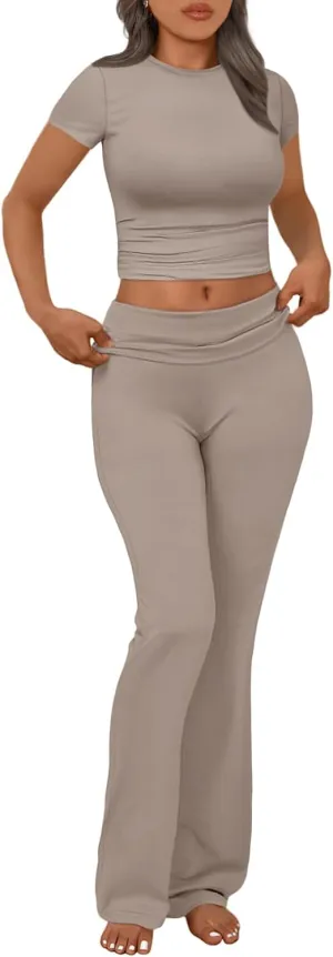 Trendy Queen Lounge Sets For Women 2 Piece Casual Y2K Outfits Short Sleeve Cropped Tops Fold Over Flare Pants Tracksuits