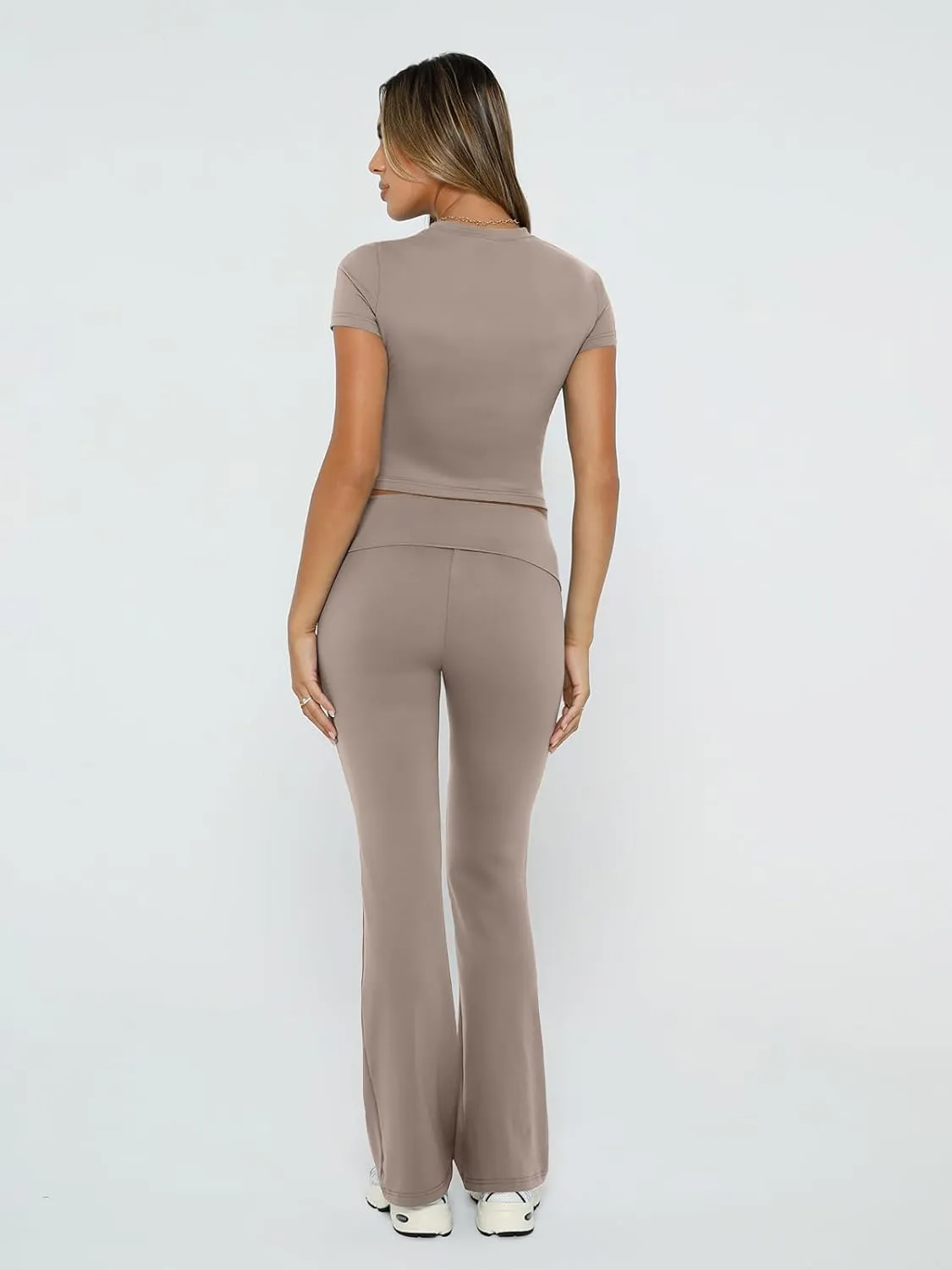 Trendy Queen Lounge Sets For Women 2 Piece Casual Y2K Outfits Short Sleeve Cropped Tops Fold Over Flare Pants Tracksuits