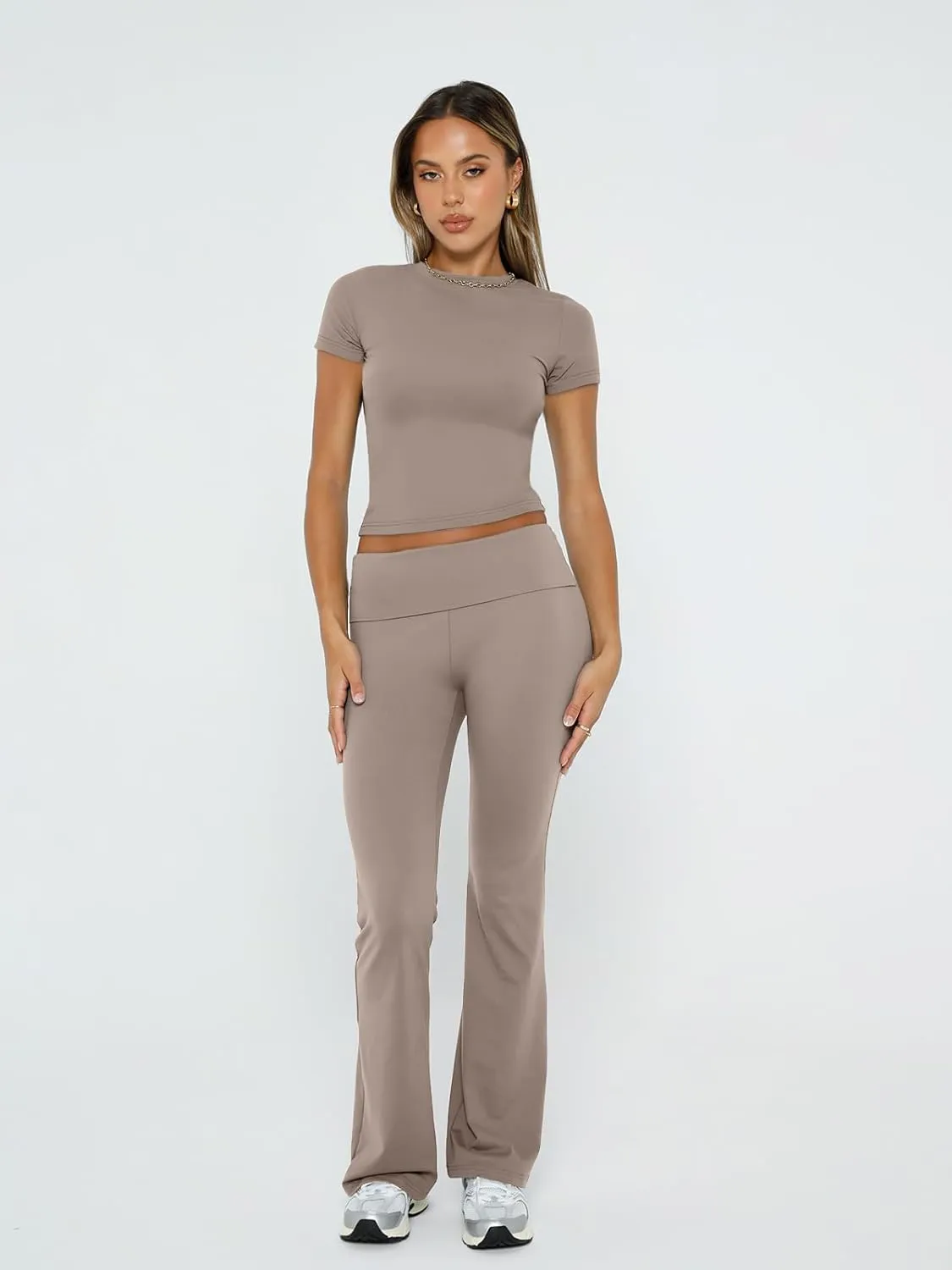 Trendy Queen Lounge Sets For Women 2 Piece Casual Y2K Outfits Short Sleeve Cropped Tops Fold Over Flare Pants Tracksuits