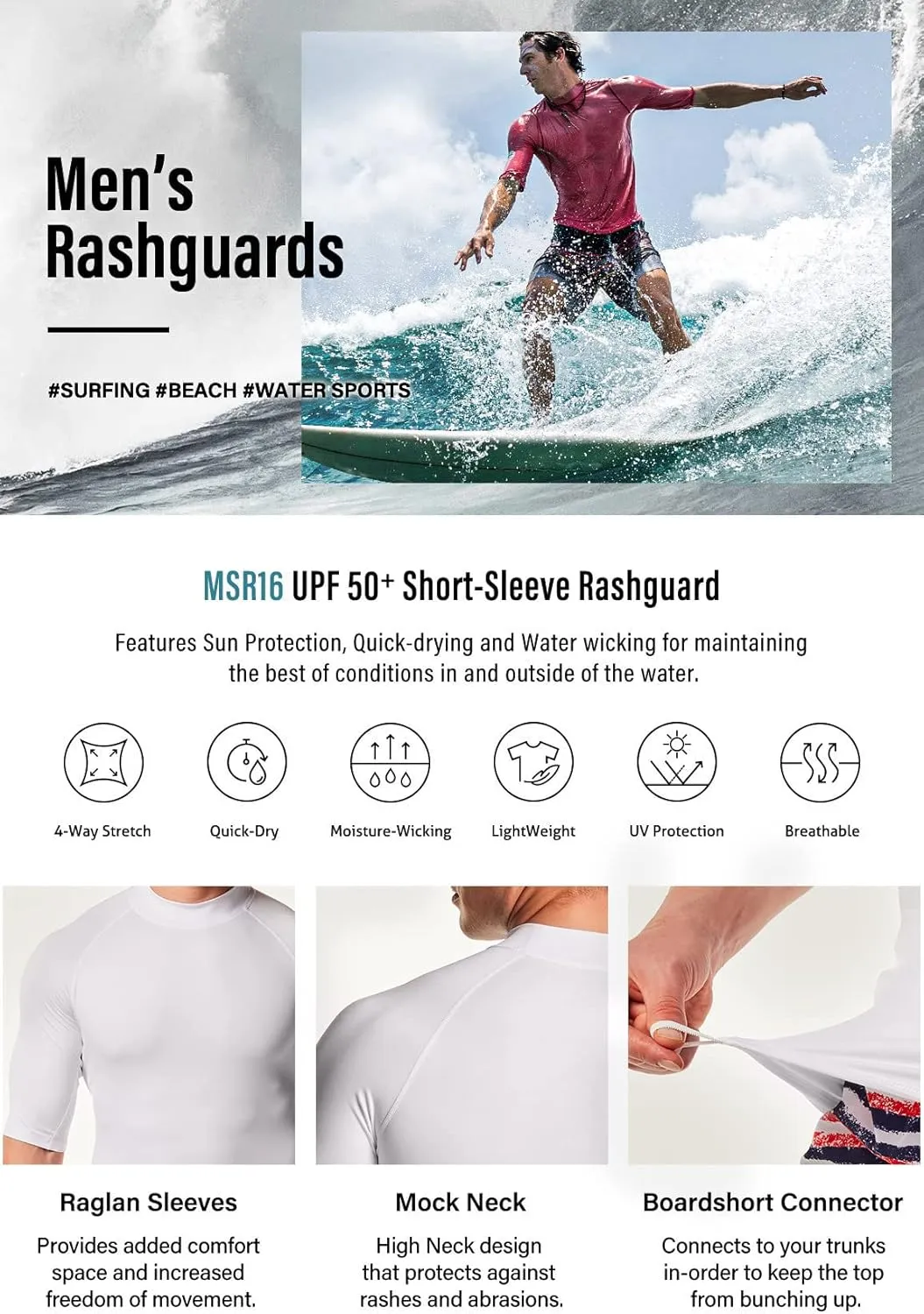TSLA Men's Rash Guard Swim Shirts, UPF 50  Quick Dry Mid/Short Sleeve Swimming Shirt, UV/SPF Water Surf Shirts